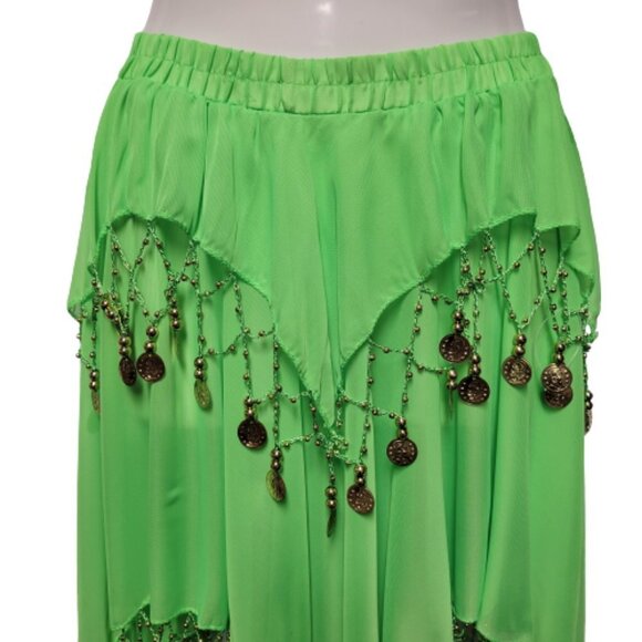 Green Short Skirt Belly Dancing Skirt Crocheted with Gold Beads and Coins NEW - Picture 2 of 5